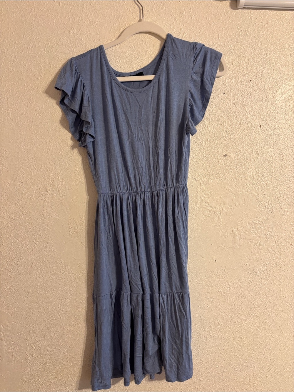 Women's Blue Ruffle Sleeve Midi Dress